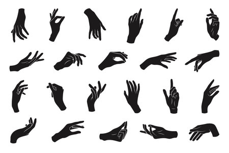 Set of various black silhouette woman hands. Vector collection of female hands of different gestures. Trendy minimal style for logos, prints, designs, illustrations.のイラスト素材