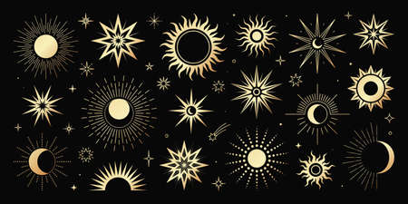 Vector golden set of mystical magic different sun and moon. Spiritual occultism objects, trendy...
