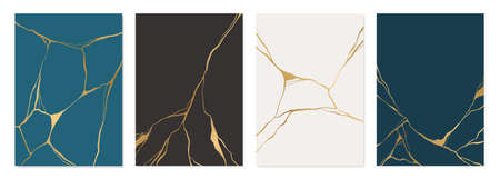 Set of gold kintsugi poster design. Japanese art of repairing broken pottery. Vector crack pattern for home prints, posters, wallpapers. Golden material of kintsugi restoration technique.のイラスト素材