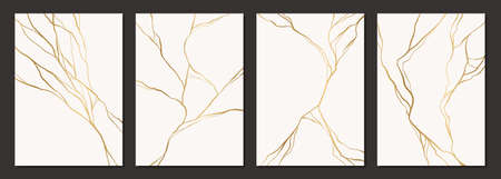 Set of gold kintsugi poster design. Japanese art of repairing broken pottery. Vector crack pattern for home prints, posters, wallpapers. Golden material of kintsugi restoration technique.のイラスト素材
