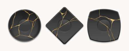 Set of vector plates with gold kintsugi cracks. Japanese art of repairing broken pottery. Black broken plates with golden material. Asian home decoration elements.のイラスト素材