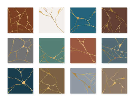Set of gold kintsugi vector poster design. Japanese art of repairing broken pottery. Vector broken and cracks for home prints, posters, wallpapers. Golden material of kintsugi restoration technique.のイラスト素材
