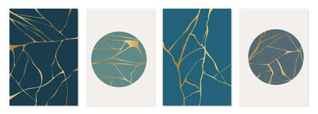 Set of gold kintsugi poster design. Japanese art of repairing broken pottery. Vector crack pattern for home prints, posters, wallpapers. Golden material of kintsugi restoration technique.のイラスト素材