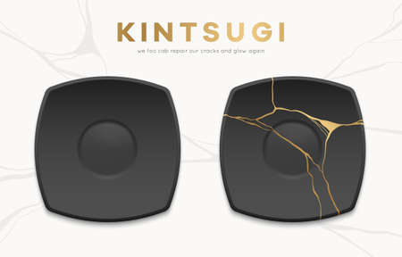 Whole and broken black vector plates with gold kintsugi cracks. Japanese art of repairing broken pottery. Repair our cracks and glow again. Asian home decoration elements. Vector illustrationのイラスト素材