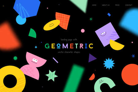 Vector landing page with character geometric figures on black background. Cute cartoon characters, colorful various figures with textures and blur elements. Poster design template.のイラスト素材