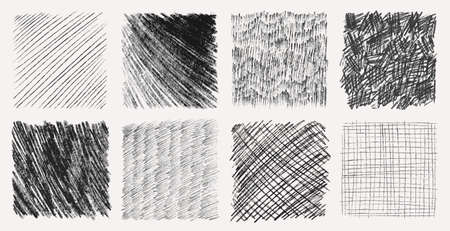 Sketch pencil texture set. Pen hatch effect, black scribble chalk, grunge freehand vector. Handmade pencil lines, strokes, doodles and scratches.のイラスト素材