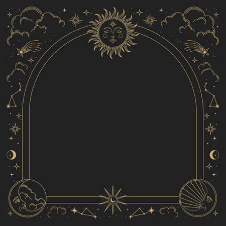 Magic vector frame with sun, moon, stars and constellations. Gold elegant ornament. Mystic frame for tarot, esoteric, astrology design. Template for poster and prints.のイラスト素材