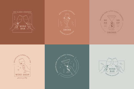 Set of linear logos or emblem template for alcohol store, wine bar, drink shop, cocktail cafe. Hands in different gestures hold glasses of drink. Vector Illustrations isolated on colorful squaresのイラスト素材