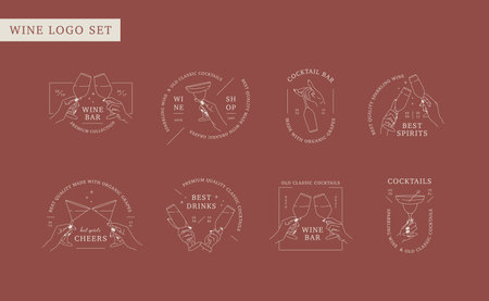 Vector linear set of emblem and logos for wine store, restaurant, cafe, cocktail bar. Collection of different hands hold glass of wine, drink or cocktail. Design template for logos with hand gestures.のイラスト素材