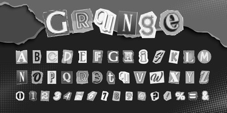 Black-white letters, numbers and punctuation marks cut from newspapers and magazines. Ransom, anonymous or detective font. Collage vector alphabet in trendy style. Vintage elements for your design.のイラスト素材