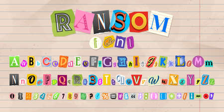Color letters, numbers and punctuation marks cut from newspapers and magazines. Ransom, anonymous or detective font. Collage vector alphabet in trendy style. Vintage elements for your design.のイラスト素材