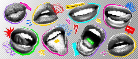 Halftone lips set with punk elements. Collage mouth for banner, graphic design, poster, illustration. Vector set of scream, kiss, smile, tongue, open mouth. Texture elements on transparent background.のイラスト素材