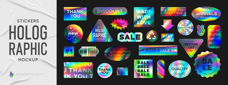 Holographic sticker set. Vector iridescent foil adhesive film, holography labels mockup and realistic holo textures. Shine metal badges of various shapes. Gradient sale and discount stickers.のイラスト素材