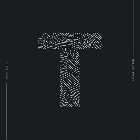 Letter T logo of topographic line map. Wood rings, vector line pattern of shape countour. Outline pattern for outdoor logo templates. Contours of tree, concepts for geographic logotypeのイラスト素材