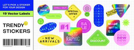 Trendy sale stickers. Retro labels design, holographic foil textures. Stickers pack for sale or discount promotions templates. Modern badge collection.のイラスト素材