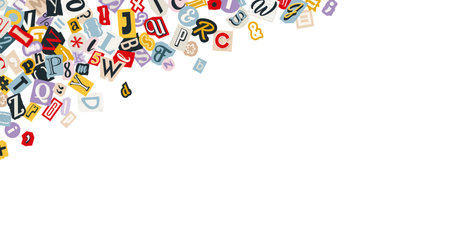 Scattered letters on white background. Cutout letters of magazine, newspaper and journal. Alphabet elements, mockup for english school poster or education illustrations.のイラスト素材