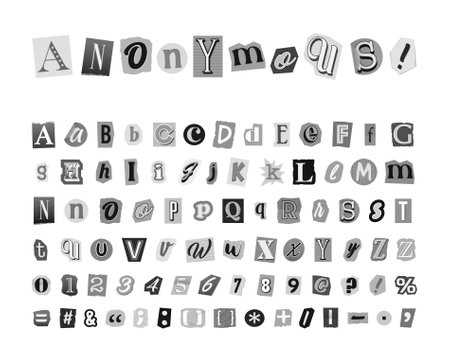 Monocrome letters, numbers and punctuation marks cut from newspapers and magazines. Collage anonymous vector alphabet in trendy style. Criminal or detective font. Vintage elements for your design.のイラスト素材