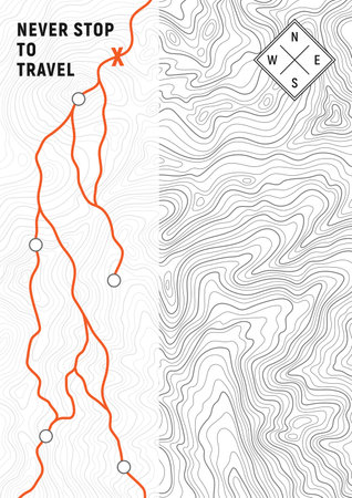 Travel poster of topographic line map. Vector line pattern of wood rings countour. Outline pattern for outdoor concept templates. Contours of tree, concepts for geographic backgroundのイラスト素材
