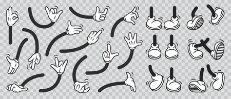 Vintage retro hands in gloves and feet in shoes. Comic retro feet and hands in different poses. Isolated mascot character elements of 1920 to 1950s.のイラスト素材