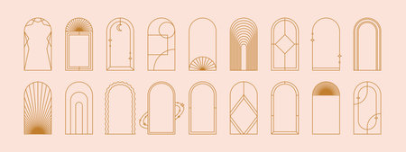 Modern aesthetic linear frames. Arch frames with sparkles and geometric forms for social media or poster design.のイラスト素材