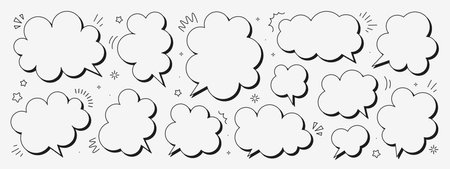 Vector chat speech or dialogue. Set of hand-drawn speech bubbles. There are icons such as arrows, dots, and sparkles.のイラスト素材