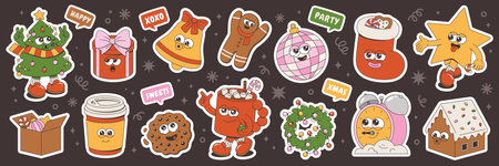 Merry Christmas and Happy New Year collection. Tree, Santa Claus, gingerbread, sweets, wreath, garland, gifts, balls, bell of trendy retro mascot style. Groovy cartoon sticker pack.のイラスト素材