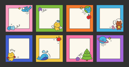 Frame set of kid cute sheets with childish elements. Simple scribble vector elements of social media post with dog, planet, star, pencil, cloud, flower, frame, arrow, stroke. Children post template.のイラスト素材