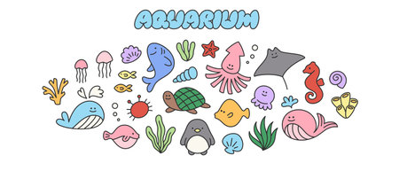 Aquarium set of kid cute doodle icons. Hand drawn sea elements of shark, whale, turtle, fish, seashell, medusa, starfish, octopus. Childish simple characters for patterns, banners, backgrounds.のイラスト素材