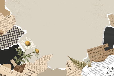 Retro collage frame background. Collage elements of torn newspaper, retro flower, photo card, rip sheet, handwriting quote, craft notepaper, old grunge paper. Trendy vintage banner.のイラスト素材