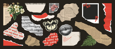 Collage set of wrinkled paper sheets, rip notepaper, scrap music sheet, retro gazette, torn newspaer, stamp butterfly, plants, mouth. Trendy collage vector set, retro modern stickers.のイラスト素材