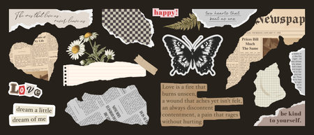Set of torn papers, old newspaper, cut notepaper, collage craft elements, retro notebook sheets,...