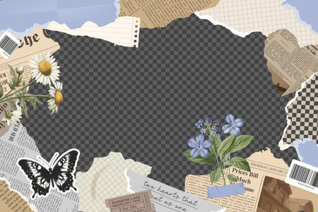Torn newspaper, retro flower, butterfly stamp, rip notebook sheets, handwriting quotes, craft notepaper, old grunge paper. Collage frame isolated on transparent background. Modern trendy retro style.のイラスト素材