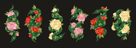Set of Chinese New Year symbols. Green snakes with lunar patterns and peonies. Traditional Chinese lunar symbols with flowers. Isolated on black background.のイラスト素材