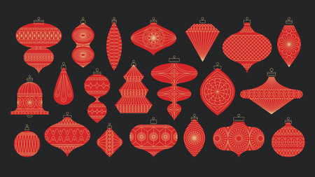 Retro Christmas bells with elegant ornaments in various geometric shapes. Perfect for festive decor, seasonal designs, holiday projects, and creative illustrations. New Year set.のイラスト素材