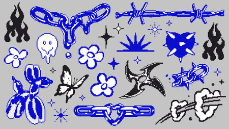 Abstract pixel art symbols and shapes on gray background. Vector y2k elements for trendy designs.のイラスト素材