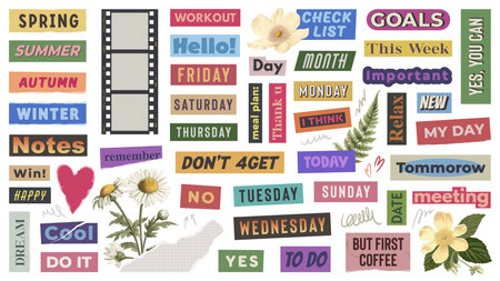 Colorful motivational stickers with days and seasonal themes. To do vector set of magazine cut-out worlds.のイラスト素材