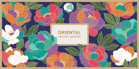 Chinese luxury poster with oriental color peony flowers, leaves and pattern. Asian vector background of gold lines art texture. Design illustration for wallpaper, card, poster, packaging, advertisingのイラスト素材