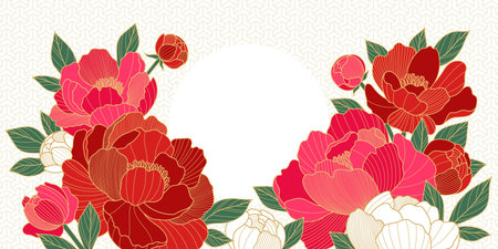 Chinese luxury poster with oriental peony flowers, leaves and circle frame. Asian vector background of gold lines art texture. Design illustration for wallpaper, card, poster, packaging, advertisingのイラスト素材