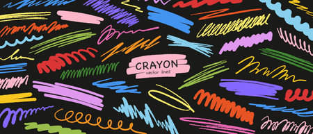 Colorful crayon underlines and scribbles background. Hand-drawn vector squiggles for creative highlights, notes, and design accents.のイラスト素材