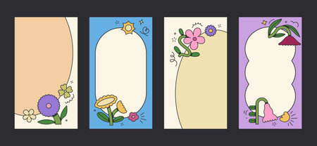Stories template with stylized floral elements. Groovy flat design, colorful posters. Rewilding retro design.のイラスト素材