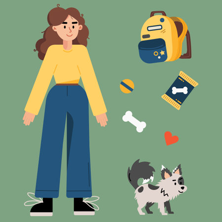 Happy young female character with dog, vector set.のイラスト素材