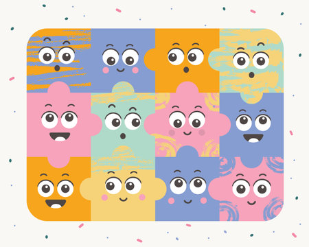 Cartoon style Puzzles with Faces Flat designのイラスト素材