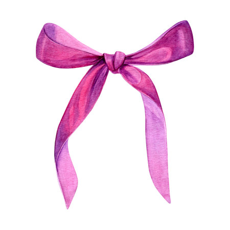 Pink ribbon. Watercolor of a decorative element tied in a bow. Good for postcards, recipes, menu, invitations, greeting cards.の写真素材
