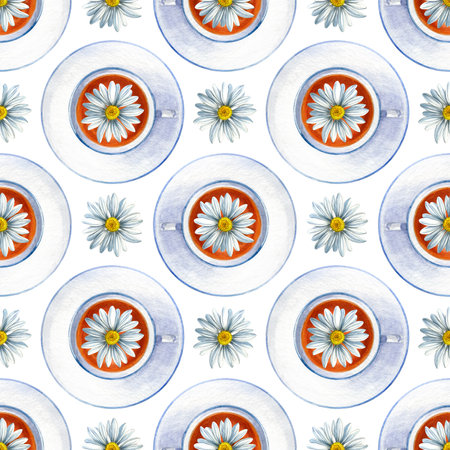 Watercolor pattern of chamomile tea in a cup and saucer on a white background. Good for postcards, recipes, menu, invitations, greeting cards, wallpaper and textiles.の写真素材