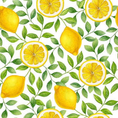 Pattern of lemons and leaves. Watercolor of tropical fruits and leaves isolated on white background. Good for textiles and wallpaper.の写真素材