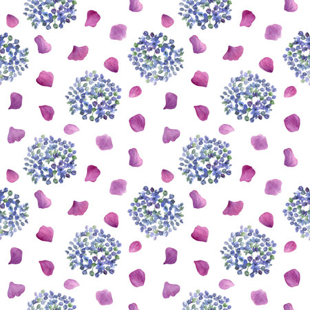 Hydrangea flowers pattern. Watercolor of blue purple flowers and pink petals isolated on a white background. Good for postcards, invitations, greeting cards, wallpaper and textiles.の写真素材