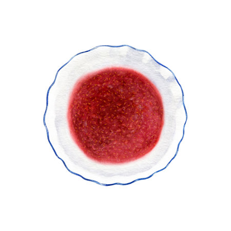 Raspberry jam in a plate. Watercolor illustration of sweet dessert on a white background. Good for...