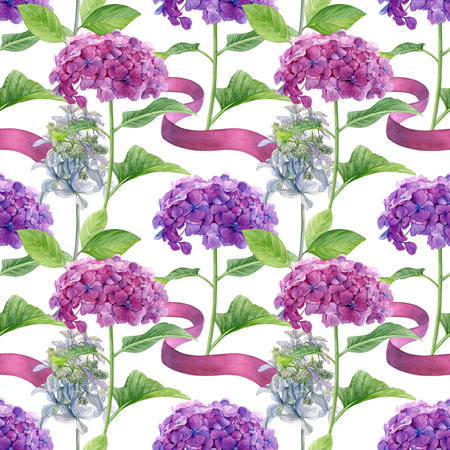 Hydrangea flowers pattern. Watercolor of pink, purple and white flowers and pink ribbons isolated on...
