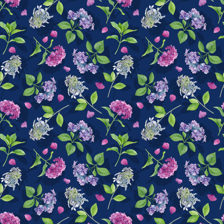 Hydrangea flowers pattern. Watercolor of pink, purple and white flowers with shadows and pink petals...