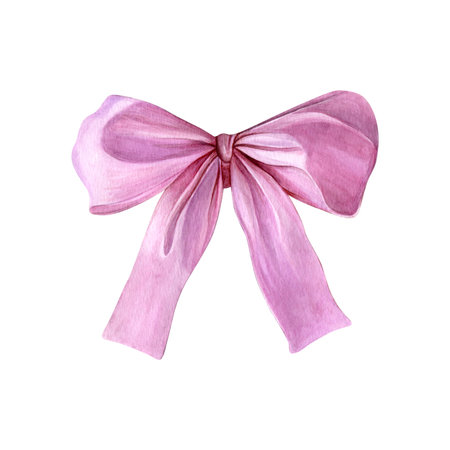 Pink satin ribbon. Watercolor of a decorative element tied in a bow. Good for postcards, recipes,...